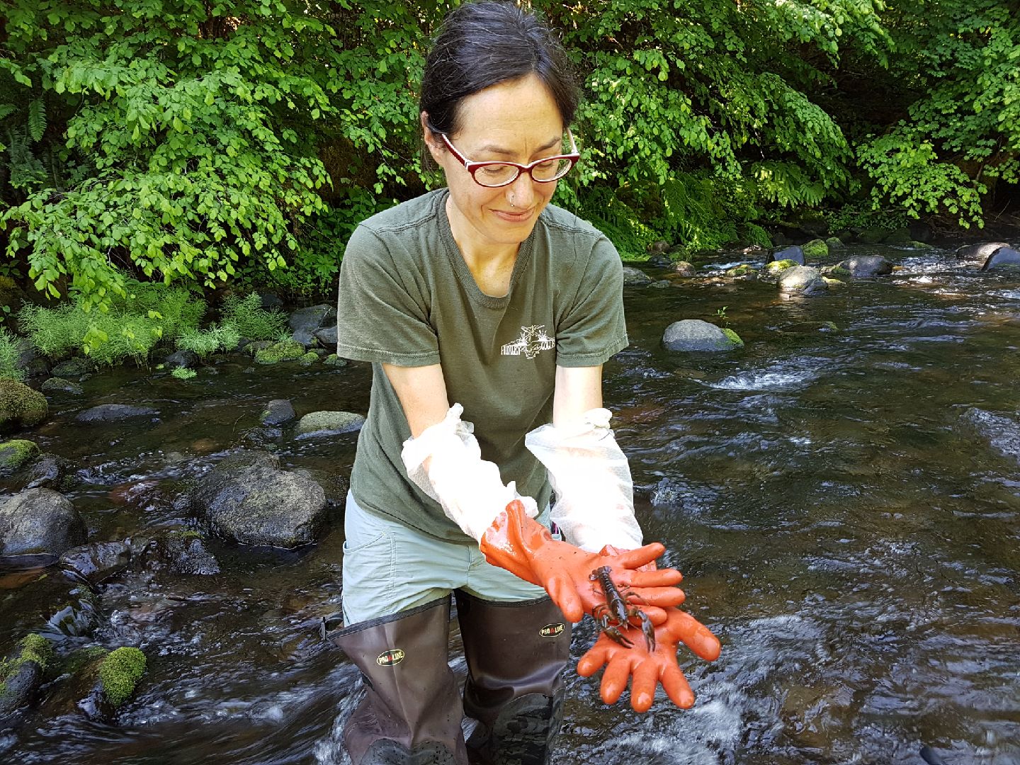 Brenna Forester in the field in Oregon, holding a crayfish
